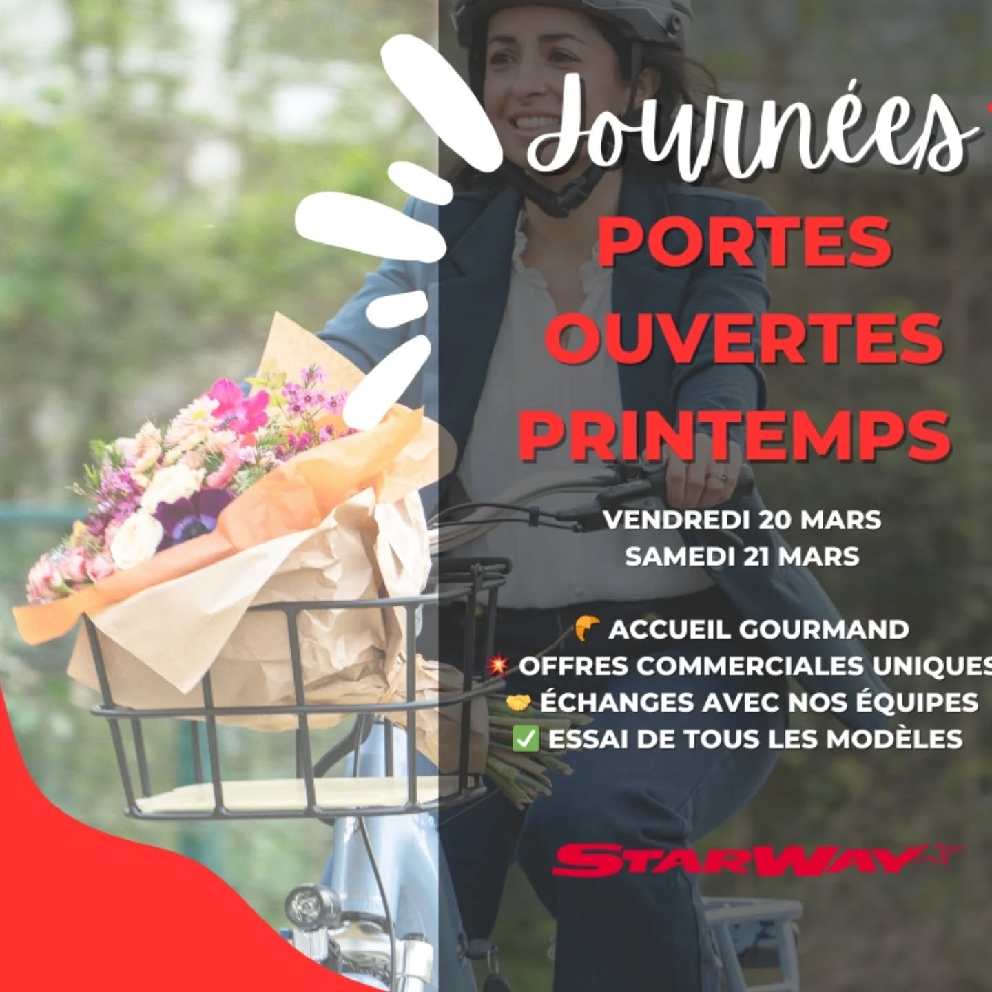 Inauguration et portes ouvertes ! 

Nous avons le plaisir de vous inviter à l'inauguration du magasin et aux journées portes ouvertes de printemps avec STARWAY dans votre magasin VÉLOSPOT le :

➡ Vendredi 20 et samedi 21 mars
➡ de 9h à 19h00

Au programme !  TOMBOLA ! 

🚲 Présentation de la marque STARWAY et de nos nouveaux modèles

🤝 Échanges avec nos équipes : conseils personnalisés, réponses à toutes vos questions

✅ Essai de tous les modèles en conditions réelles

💥 Offres commerciales uniques, réservées aux participants des portes ouvertes.

Comment participer ? 
 
1. Choisissez votre jour :

Vendredi 20 mars ou Samedi 21 mars.

2. Inscrivez-vous en quelques secondes (inscription facultative):
👇​
https://docs.google.com/forms/d/e/1FAIpQLSfPw0otphpKA-S4_-XJD2KxFzcj1sXs9hlJp75Q5bkdjT0FrA/viewform

Inscription aussi possible par téléphone au 02.41.27.74.02  ou par email contact@velospot.fr 

Parking à proximité et accès facile.

À très bientôt chez VÉLOSPOT !